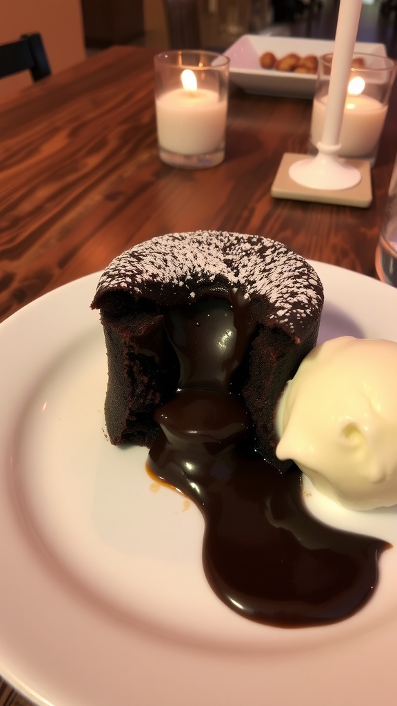 A chocolate lava cake with a melting center served with vanilla ice cream on a plate.